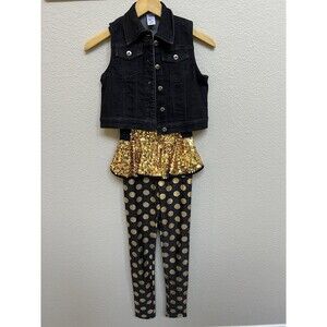 Weissman Size Child Medium Gold Digger Dance Costume Black Gold Sequin Jean Vest